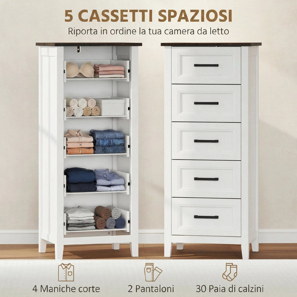 Cassettiera 45x35x106 cm con 5 Cassetti in MDF Bianco e Marrone