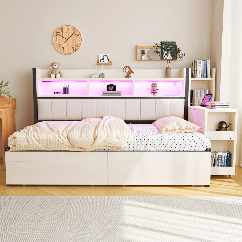 Letto divano singolo 90×200 cm con 2 cassetti; scrivania estraibile e prese integrate; senza materasso; bianco