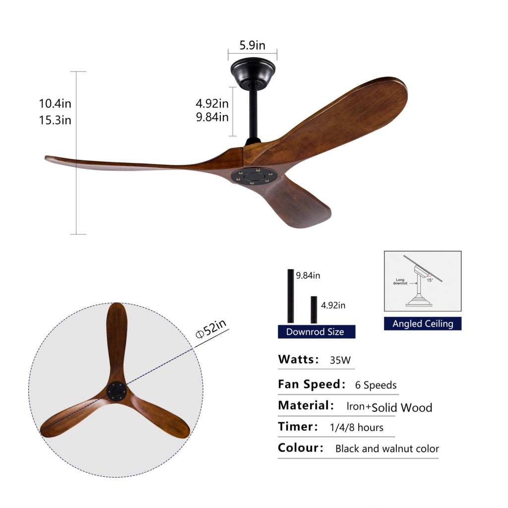 Ventilatore da soffitto reversibile senza luce con motore DC in metallo e legno nero e noce scuro
