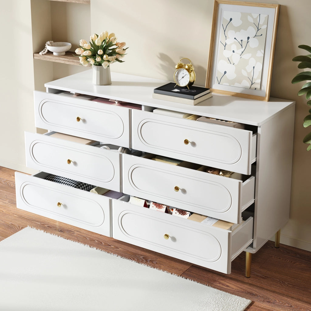 Cassettiera Bianca 6 Cassetti 120 cm; Credenza Moderna Soggiorno con Piedini in Metallo