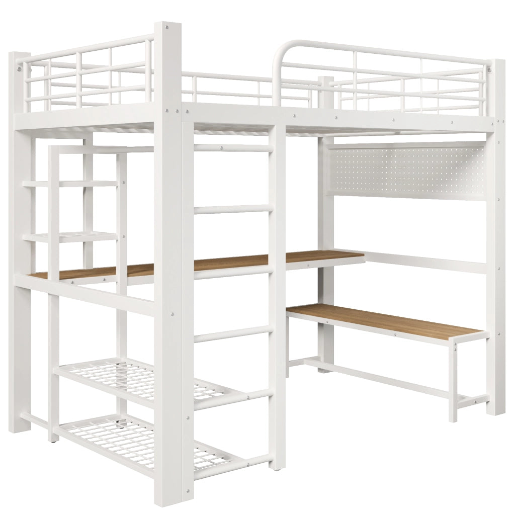 Letto a soppalco in metallo 140x200 con scrivania e luci LED; bianco