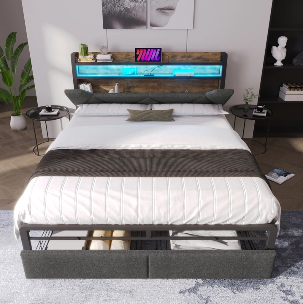 Letto matrimoniale 160x200 cm grigio con LED, contenitore e materasso