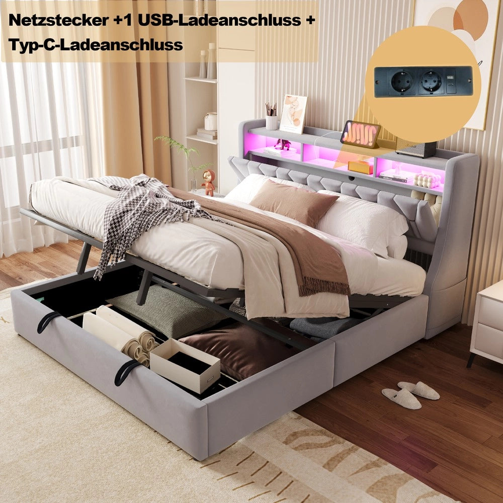 Letto imbottito contenitore matrimoniale ¨C Minimal ¨C Grigio chiaro velluto 180x200cm con led testiera idraulico