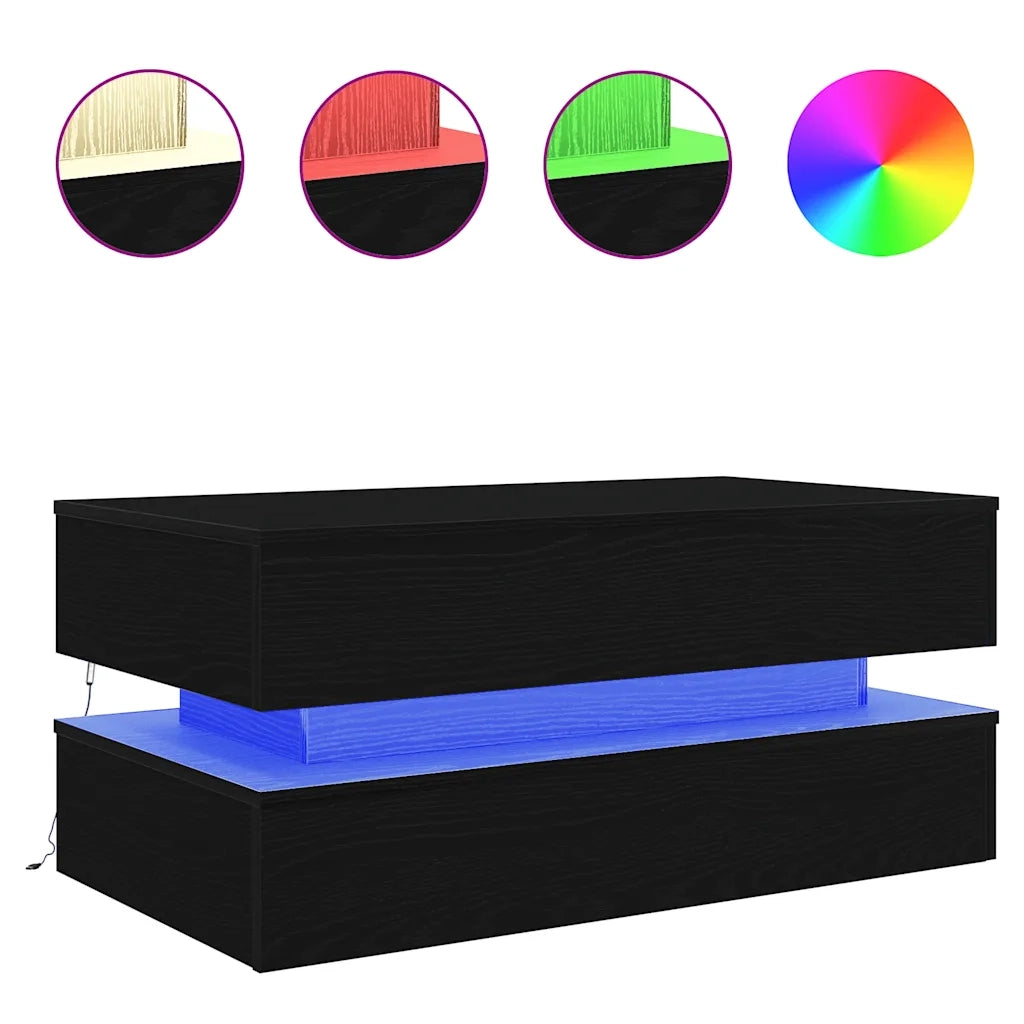 Tavolino da Soggiorno con Luci LED Rovere Nero 90x50x40 cm 862258