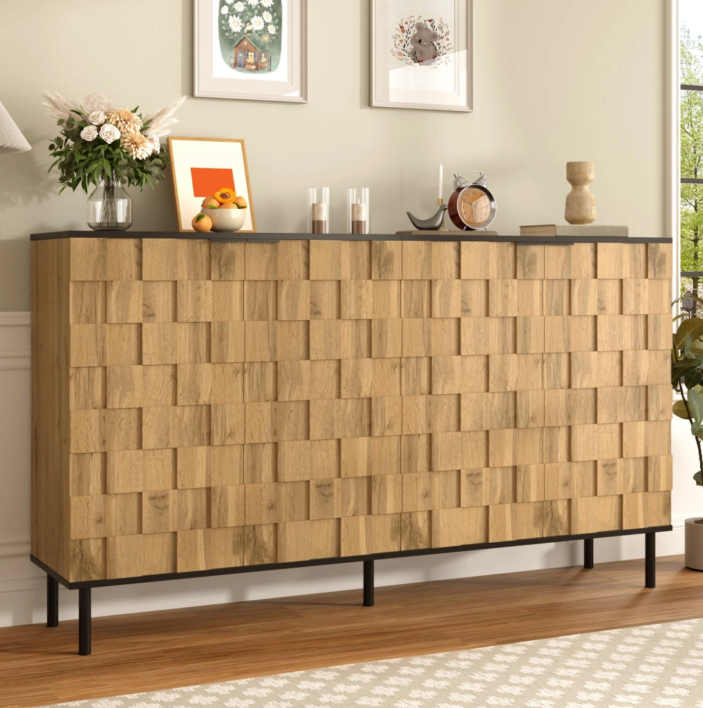 Credenza 160x35x80;5 cm a 2 ante con motivo mosaico in truciolare; naturale e nero