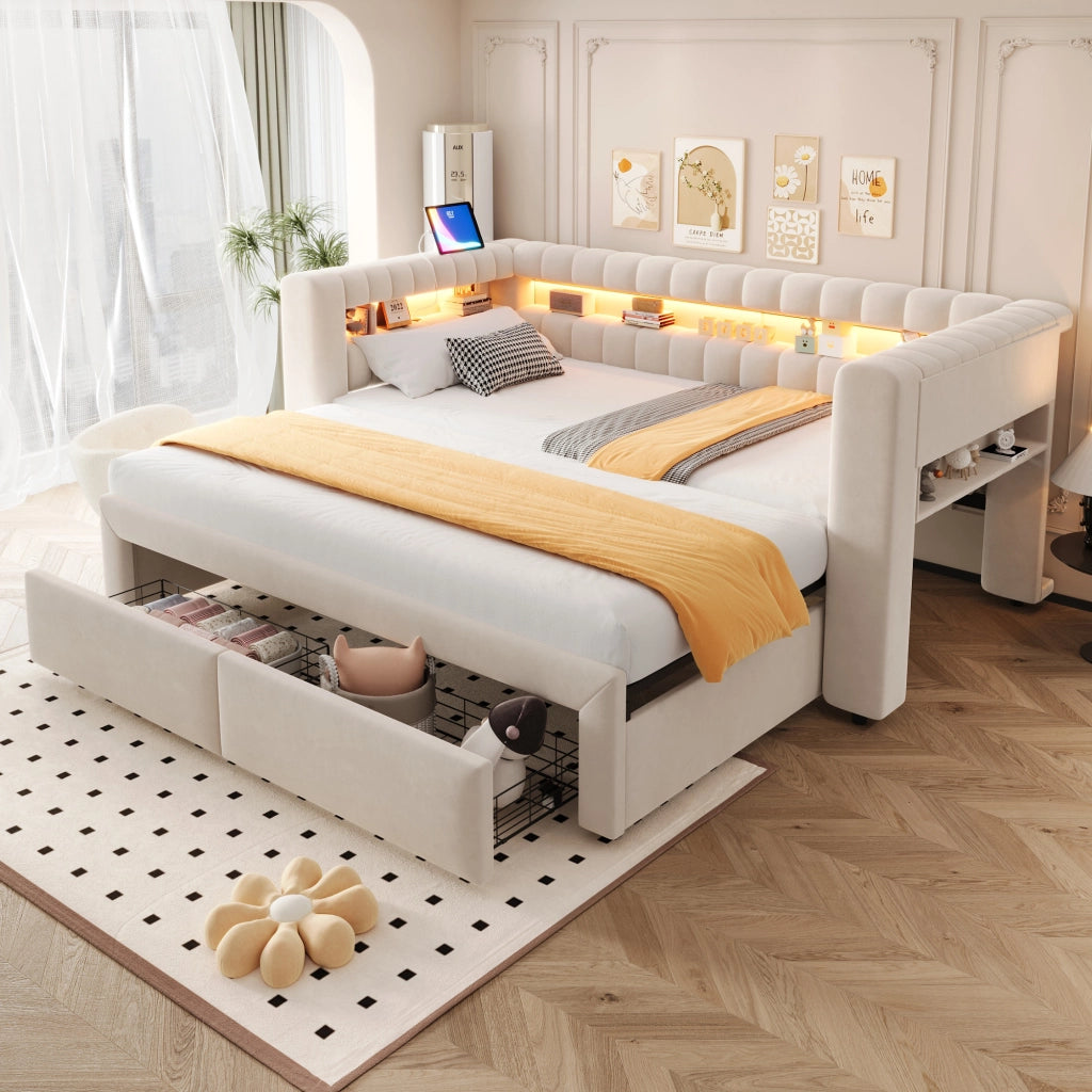 Letto divano 90 × 190 e 180 × 190 cm con letto estraibile; 2 cassetti; LED regolabile; USB e tipo C; senza materasso