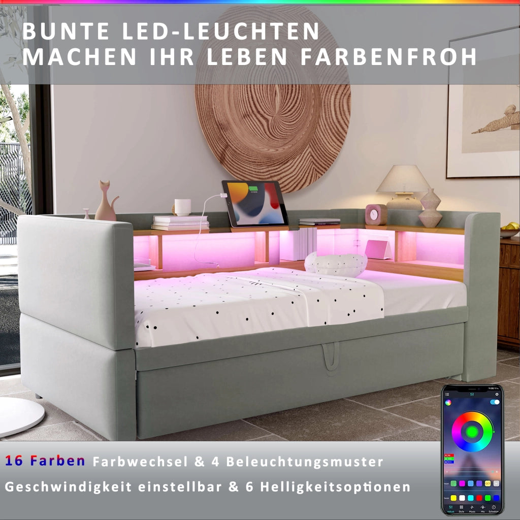 Divano letto 90/180 × 190 cm estraibile con LED prese e vani portaoggetti in flanella grigio chiaro