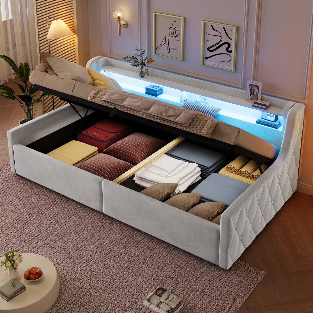 Letto singolo imbottito 90 × 200 cm con vano contenitore LED in velluto bianco sporco senza materasso