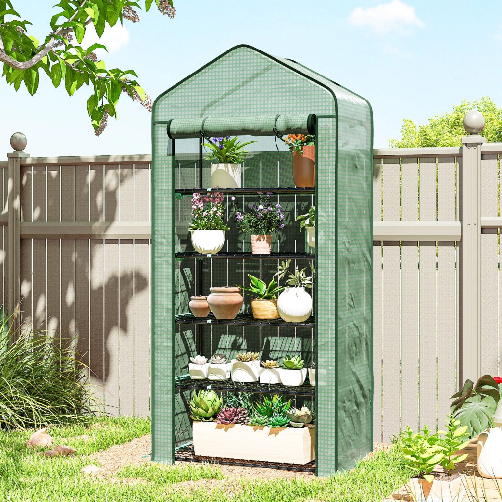 Serra da Giardino a 5 Livelli con Porta Arrotolabile Telo in PE Struttura in Acciaio Resistente 90x49x193 cm