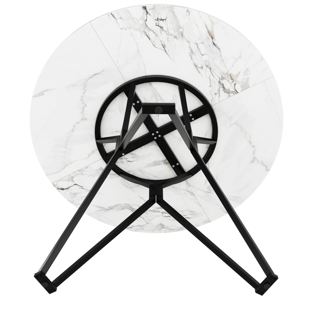 Tavolo da pranzo rotondo 100x100x76 cm in MDF effetto marmo e metallo, 4 posti