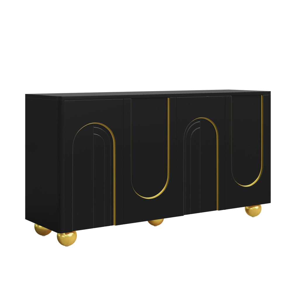 Sideboard 4 ante nero con decoro dorato, 140x40x74 cm