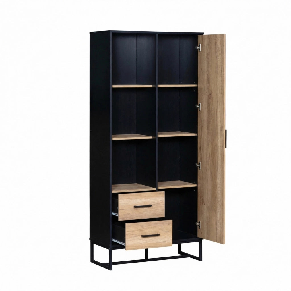 Credenza alta 80x40x180 cm con anta, cassetti e vani aperti