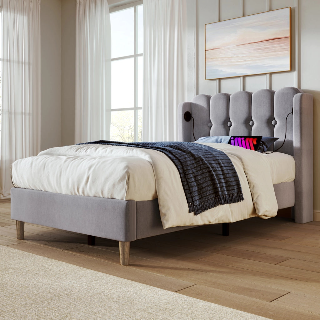 Letto Singolo Imbottito 90x200 cm con USB; USB-C; Grigio