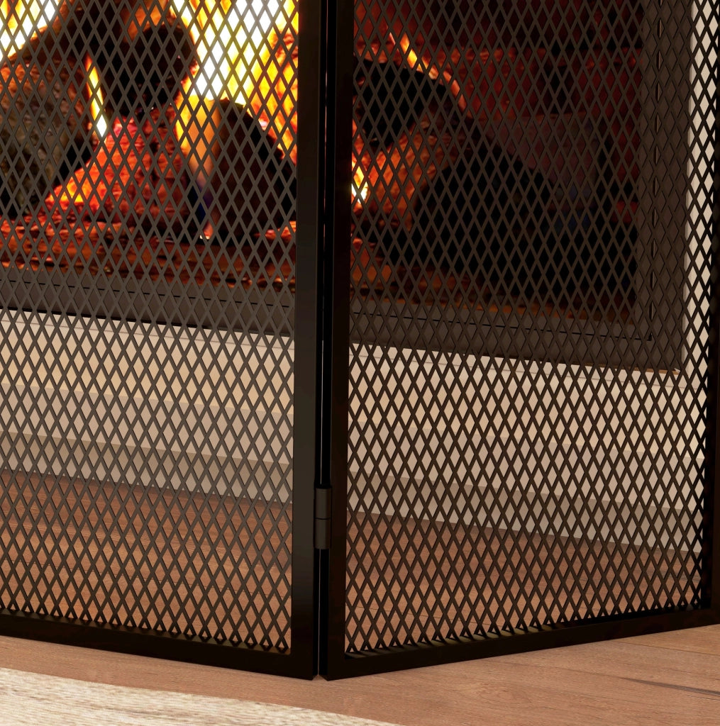 Recinzione di Protezione per Camino Pieghevole a 3 Pannelli in Metallo Nero 96x60 cm