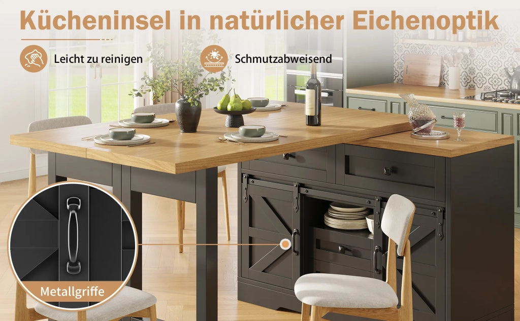 Isola Cucina Multifunzione con Tavolo da Pranzo, Armadio Laterale con Cassetti Nascosti, Pannelli Girevoli a 360°, Porta Scorrevole Stile Granaio, Design 2-in-1