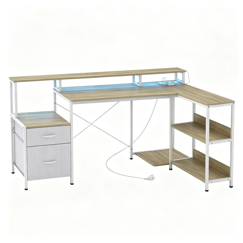 Scrivania ad angolo con 2 cassetti, LED, prese USB e USB-C - per studio - 172×100×89 cm - bianca