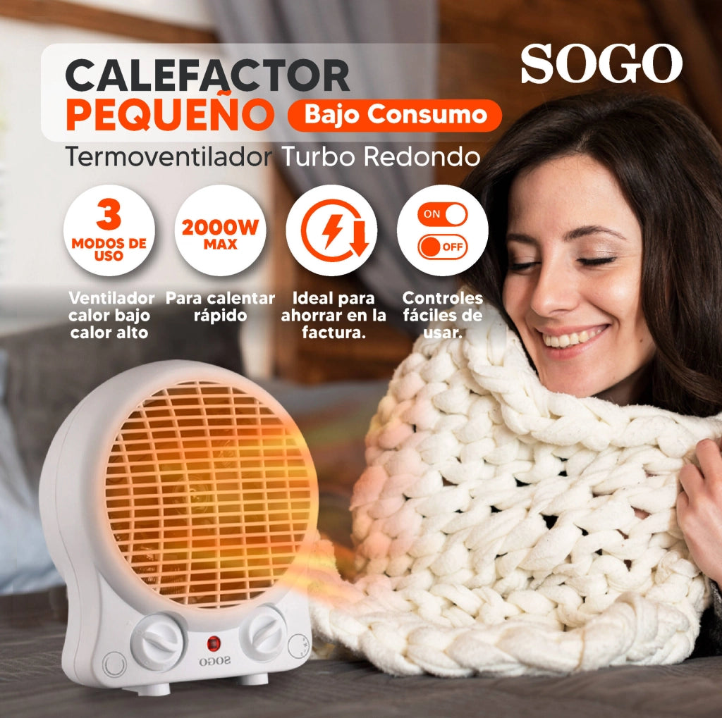Termoventilatore elettrico 2000W con termostato regolabile, 2 livelli potenza e funzione ventilazione per riscaldamento rapido - Sogo
