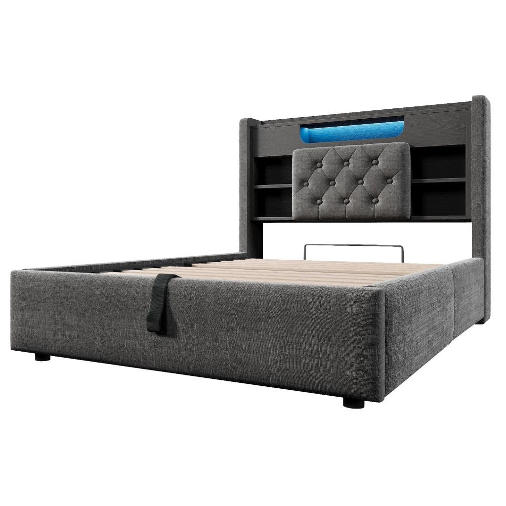 Letto 90x200 cm con contenitore idraulico, LED e porte USB, in lino grigio