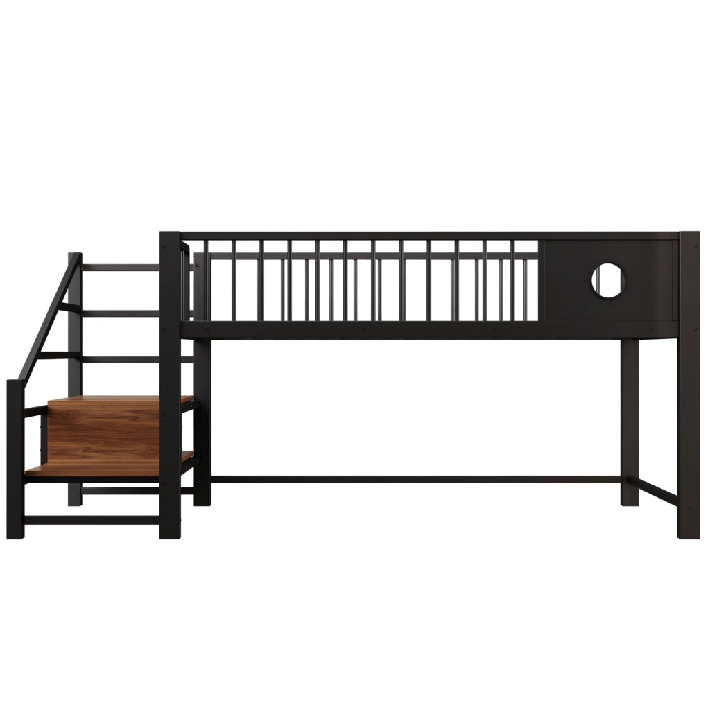 Letto a soppalco basso per bambini 90x200 cm con struttura metallica nera e scala contenitore