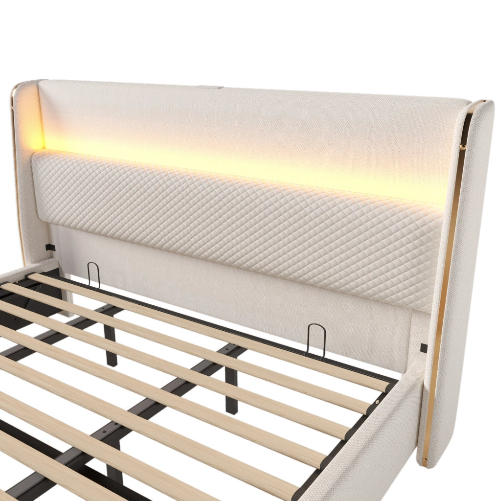 Letto contenitore idraulico 180x200 cm con testiera alta; LED; USB/Type-C; materasso; beige