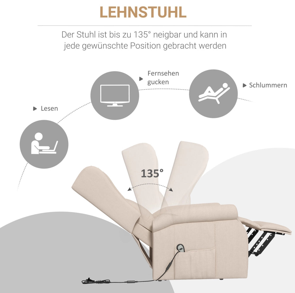 Poltrona Relax Elettrica con Funzione Letto e Alzata, Max 200kg, 72,5x94x109cm, Crema