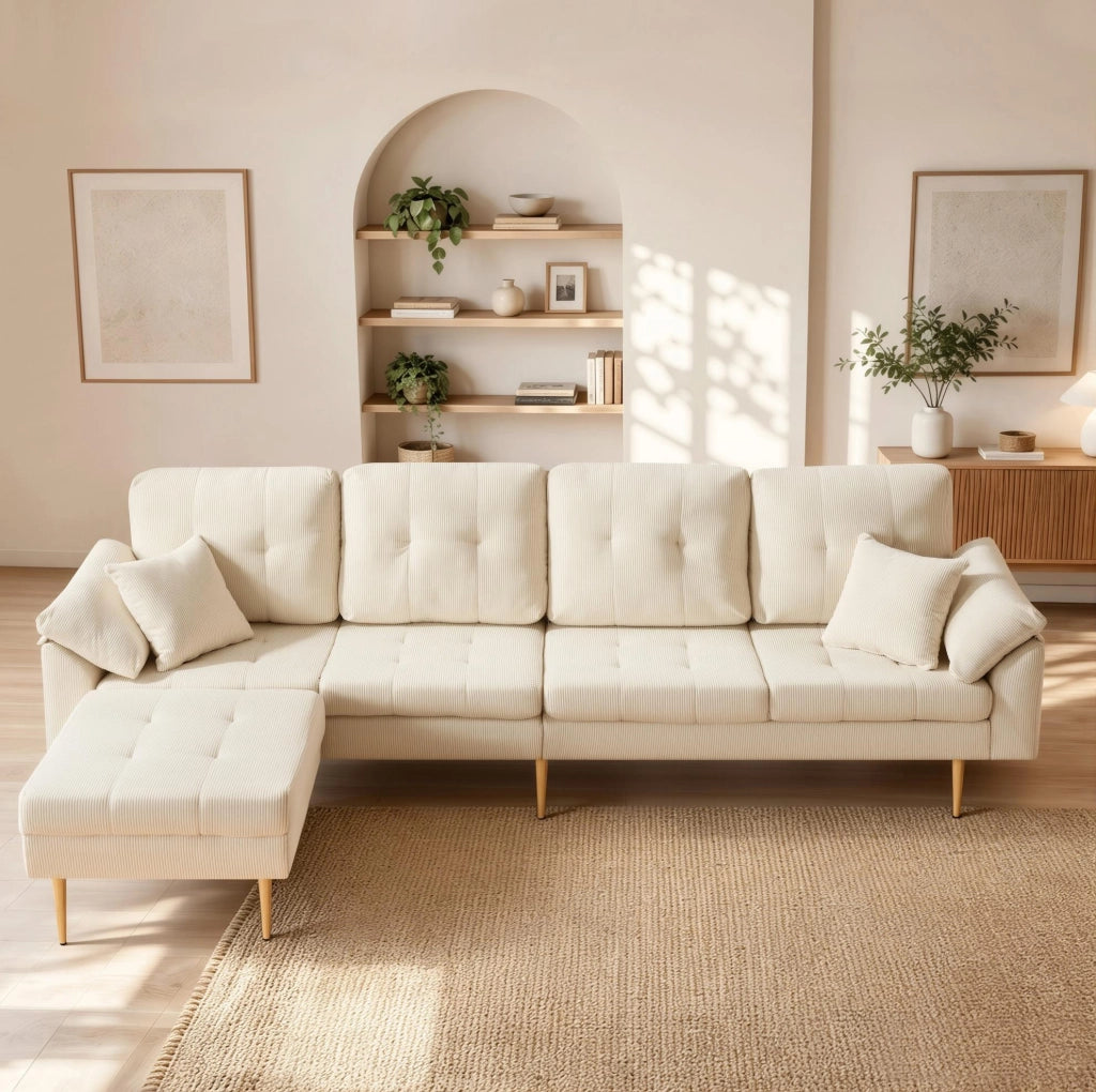 Divano 4 posti moderno in tessuto vellutato con pouf versatile, struttura in ferro da 20 cm, 250 cm, colore crema bianco
