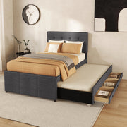 Letto singolo 90x200 cm con letto estraibile 90x190 cm, 3 cassetti e rivestimento in lino grigio