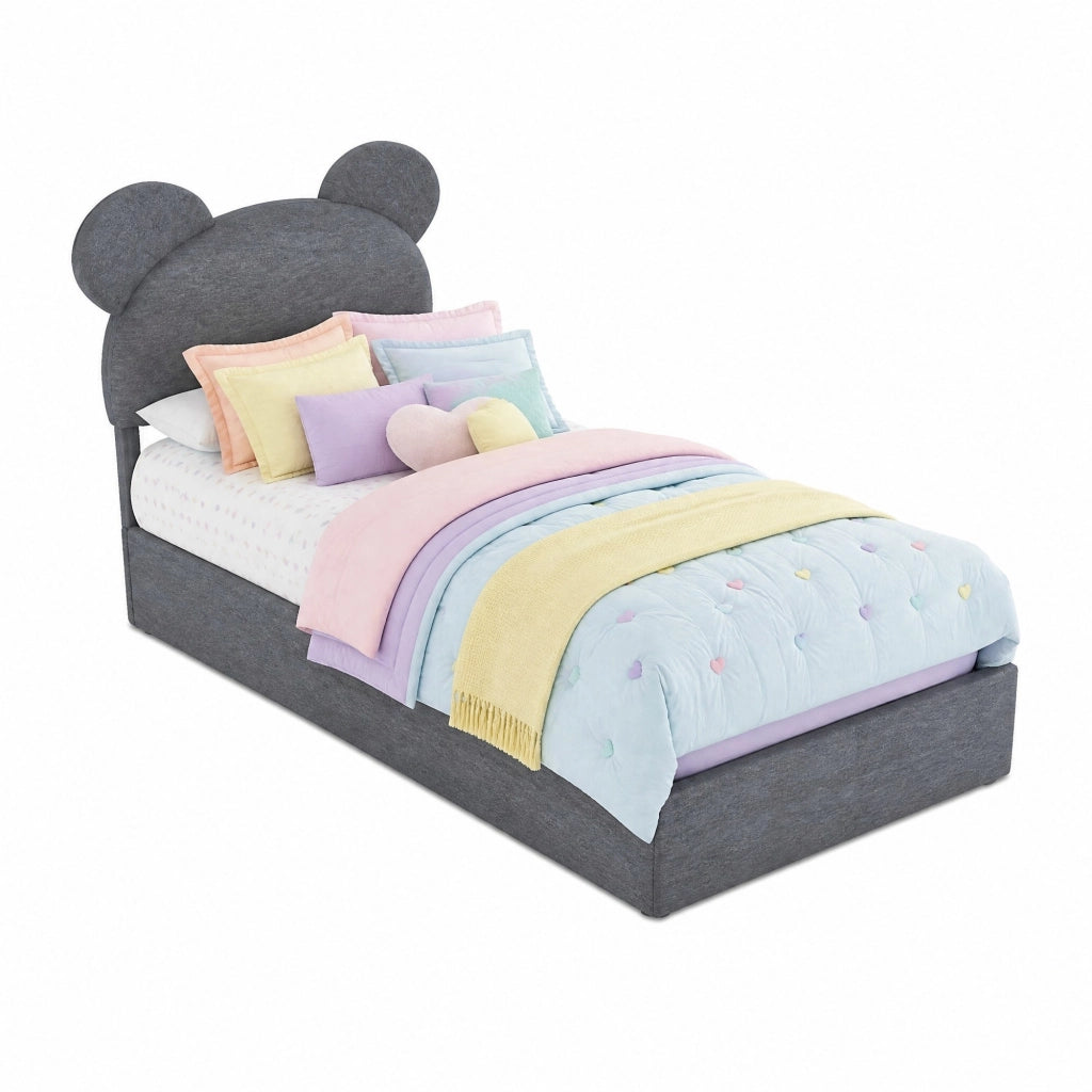Letto per bambini 90x200 cm grigio con vano contenitore, tessuto e metallo, senza materasso