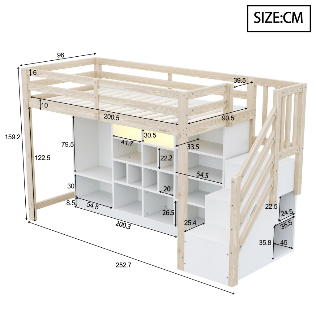 Letto a soppalco 90x200 cm in legno di pino con armadio integrato, ripiani, scala laterale con contenitori e illuminazione LED