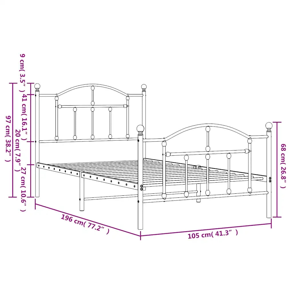 Letto singolo | Letto per adulti | Giroletto con Testiera e Pediera Metallo Bianco 100x190 cm