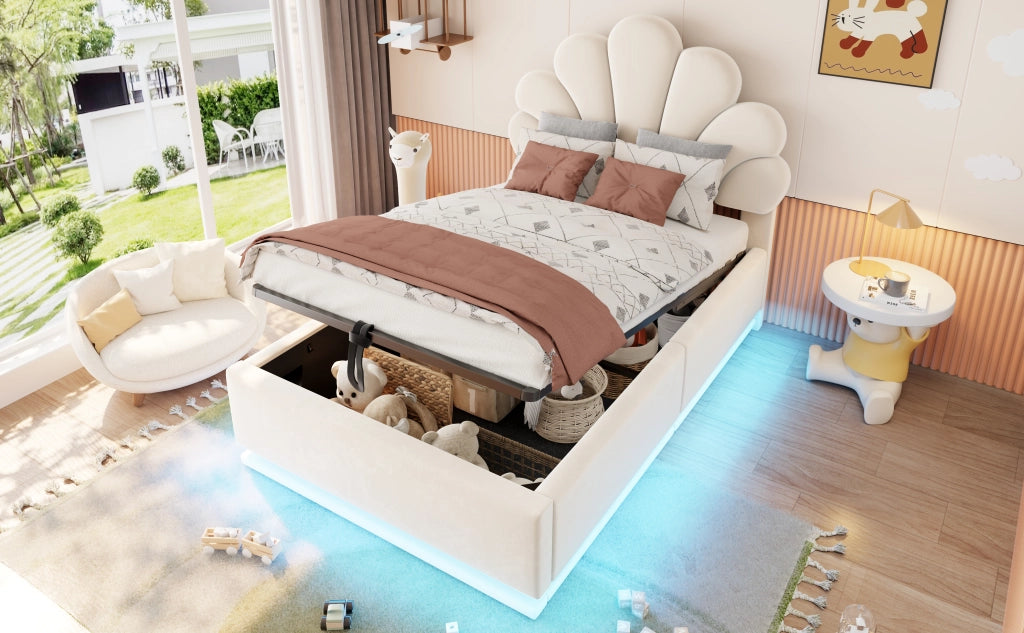 Letto contenitore 90 x 200 cm, testiera a fiore, contenitore idraulico, LED, velluto beige
