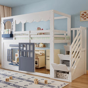 LETTO A SOPPALCO 90x200 cm Bianco e Blu con Scala Contenitore a Casetta