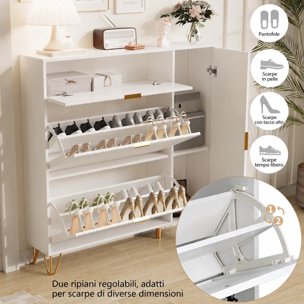 Scarpiera Salvaspazio 110x24x118 cm, Mobile Portascarpe con 2 Ante Porta Scarpe a Ribalta, Maniglie a Scomparsa, Ripiani Interni, Piedini Dorati, Bianco