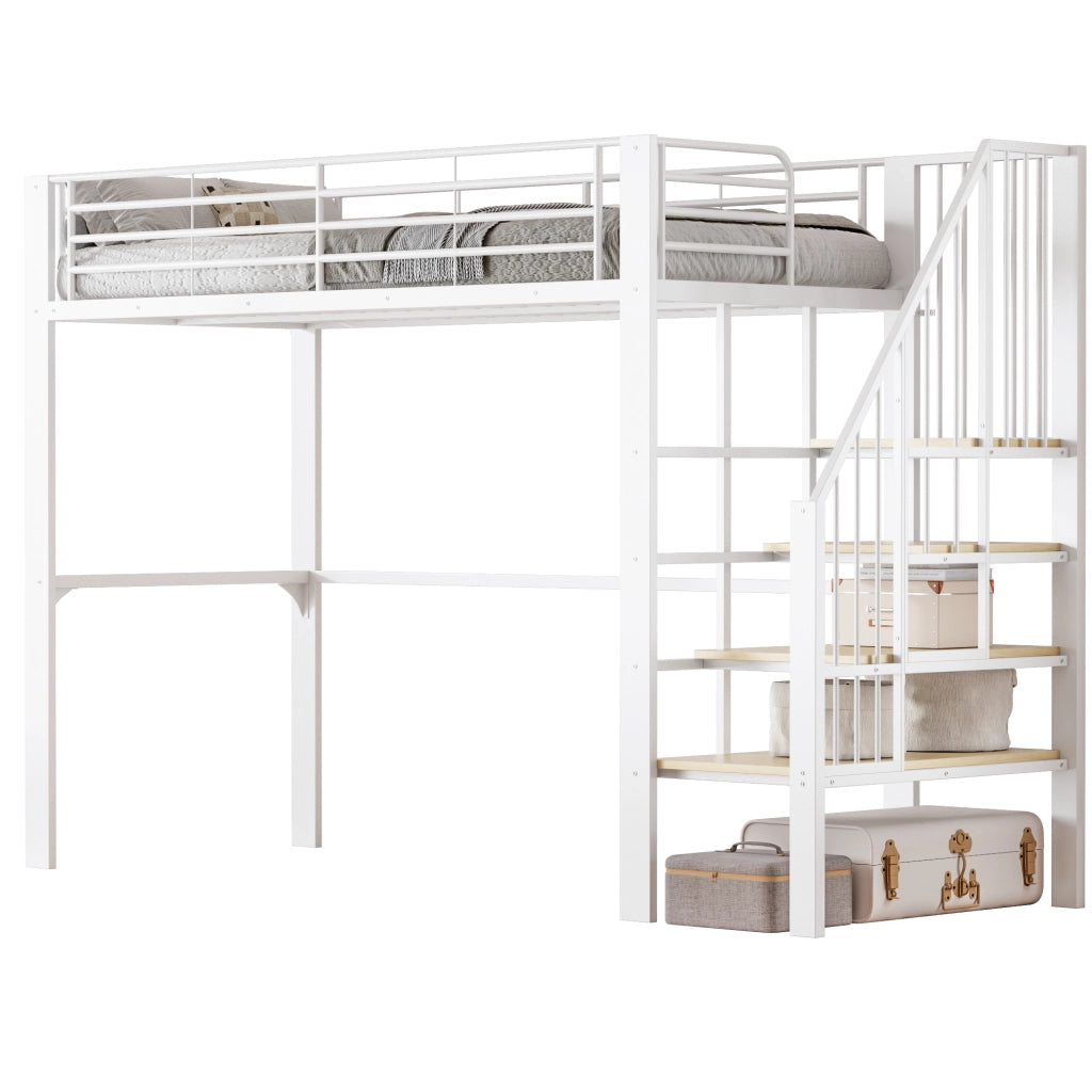 Letto a soppalco in metallo con scala e contenitore, 90x200 cm