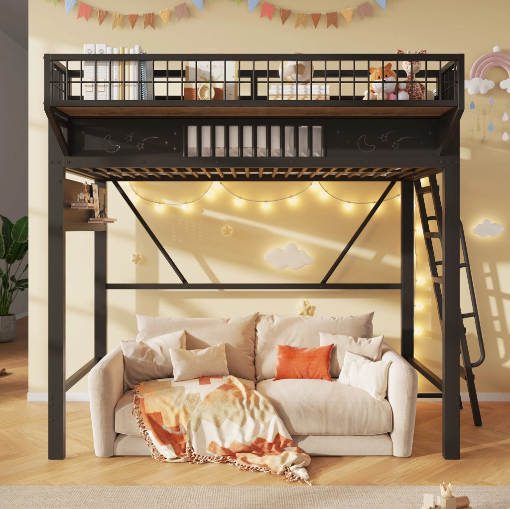 Letto a soppalco in metallo 90 x 200 cm con vani portaoggetti; nero