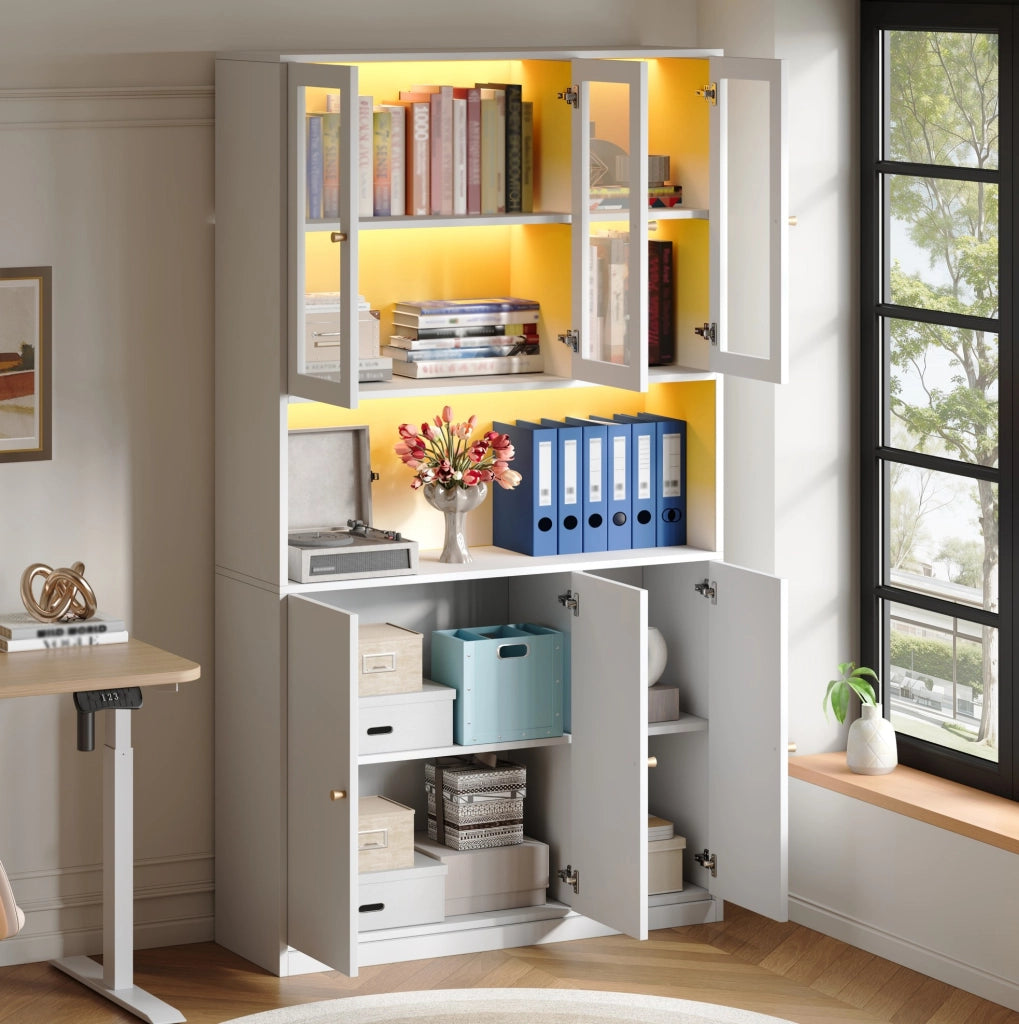 Libreria con vetrina 100x35x200 cm; LED regolabile e 3 ante in MDF bianco