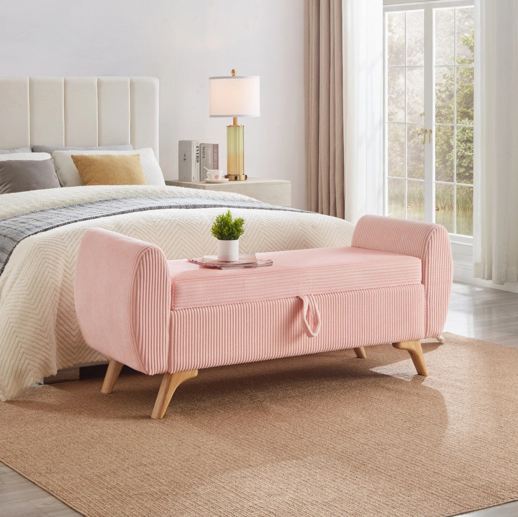 Panca pieghevole con vano contenitore in velluto a coste rosa e gambe in legno