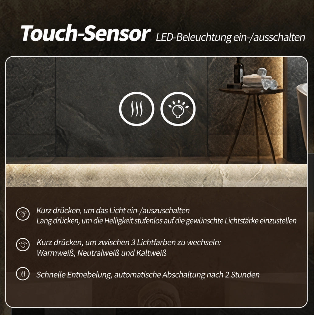 Specchio bagno LED rotondo 80 cm con retroilluminazione, antiappannamento, 3 tonalità di luce dimmerabili, funzione memoria, sensore touch, vetro argento HD senza rame 5 mm