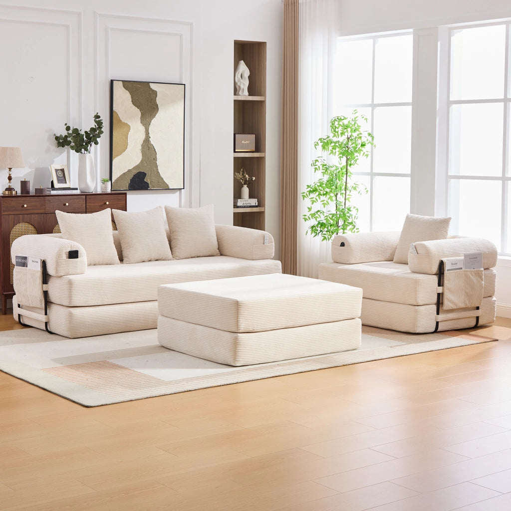 Divano modulare 4 posti con tasca laterale e cuscini in velluto a coste beige