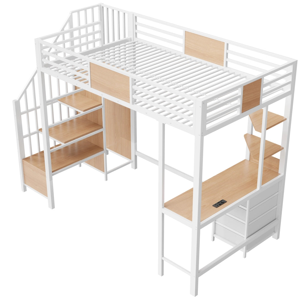 Letto a soppalco per bambini 90x200 cm con scrivania; LED e presa; ripiani e barra appendiabiti; metallo bianco