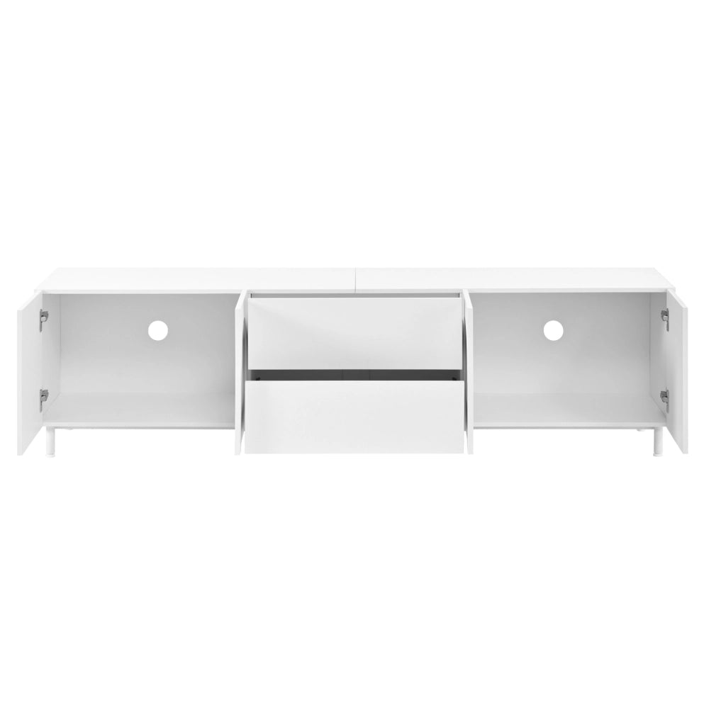 Mobile TV bianco con quattro ante arcuate, due cassetti e piedi in acciaio, 180x40x48 cm