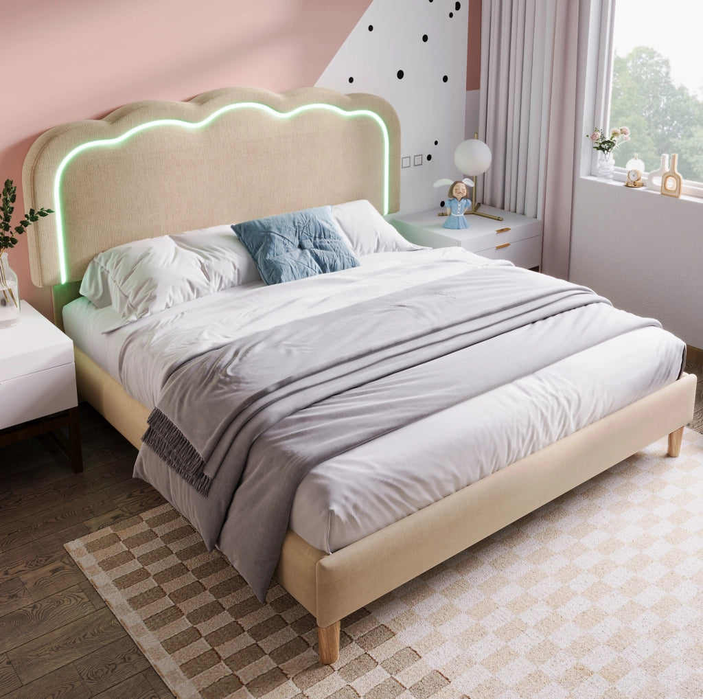 Letto imbottito LED beige 140 x 200 cm con testiera regolabile