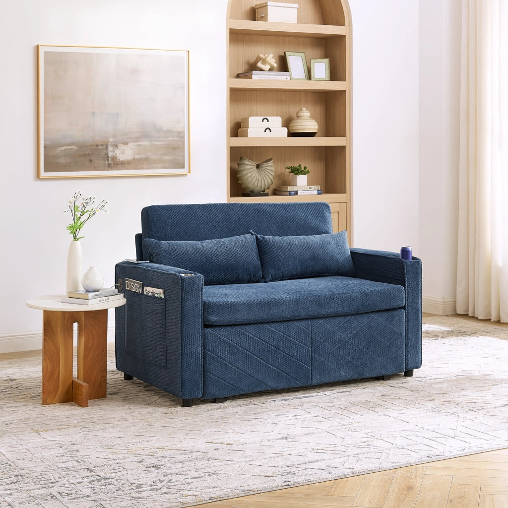 Divano Letto 2 Posti con USB ¨C MINIMAL ¨C Blu, Trasformabile