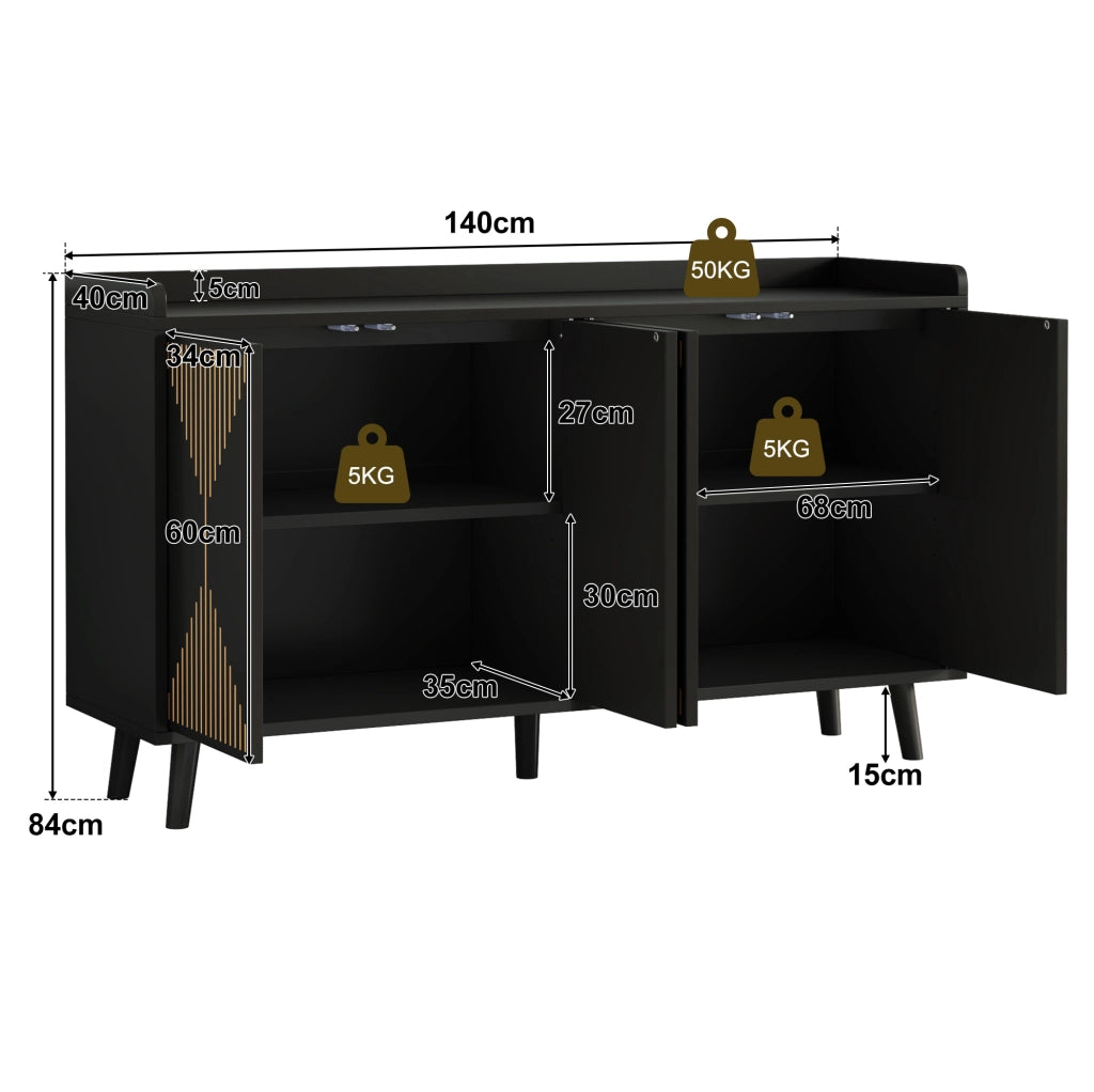 Credenza da cucina 140x40x84 cm a 4 ante con ripiani regolabili in MDF nera