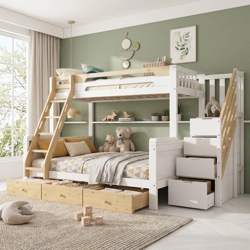 Letto a castello 90x200 e 140x200 cm in pino e MDF; bianco e naturale; con scala contenitore e 3 cassetti per cameretta