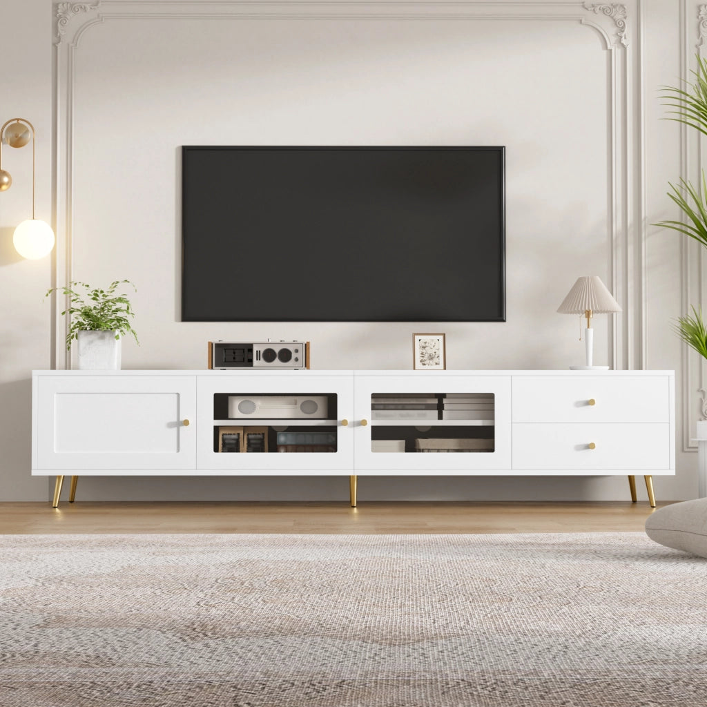 TV-LOWBOARD 170x40x28 cm Bianco in truciolare con 2 cassetti e 2 ante in vetro