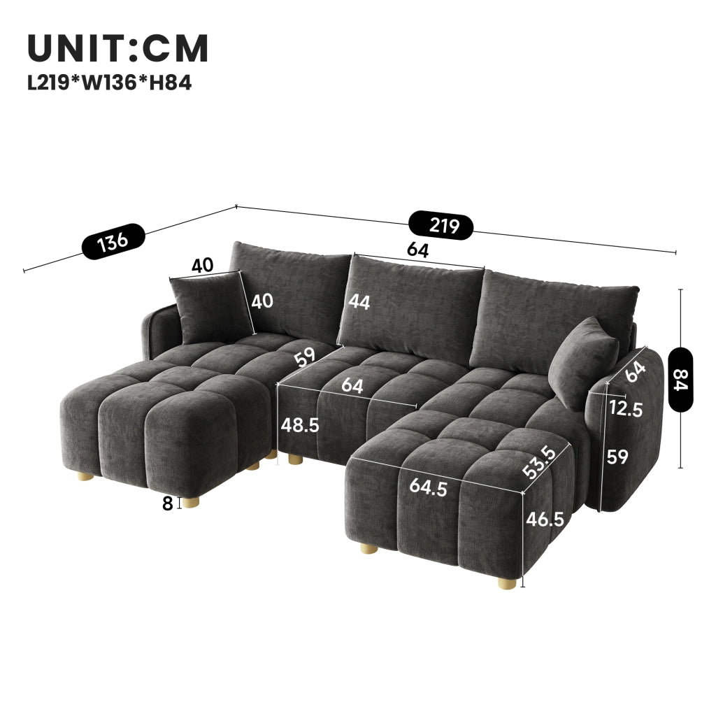 Divano ad angolo modulare in l/u 5 sedili 219x136x84 cm con pouf e cuscini 2; design a nuvola; tessuto in ciniglia; ampi braccioli; grigio