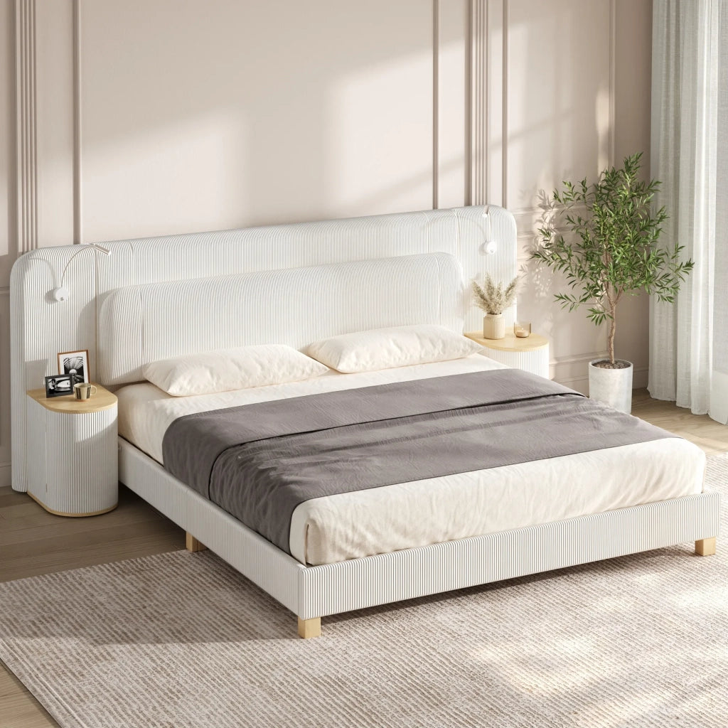 Letto 140x200 cm in velluto a coste beige, con comodino e lampada da notte