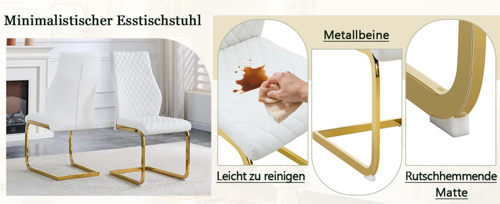 Set di 2 Sedie da Pranzo con Schienale Alto, Rivestimento in PU Bianco a Motiv Rombi e Struttura in Metallo Dorato Antiscivolo