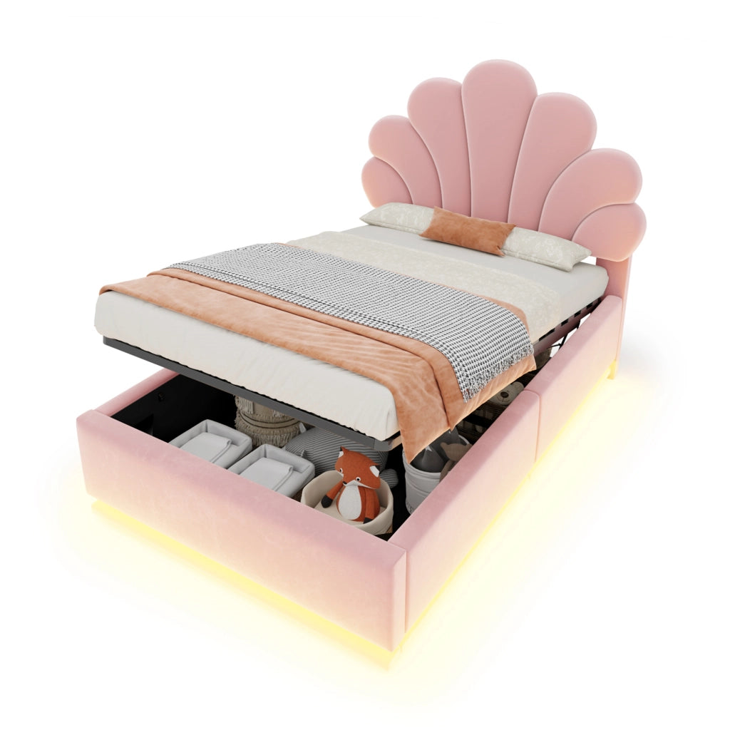 Letto contenitore 90 × 200 cm imbottito con testiera a fiore LED regolabile struttura in metallo velluto rosa